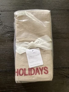 NWT SET OF 4 POTTERY BARN HAPPY HOLIDAYS EMBROIDERED NAPKINS 20"x20 flax neutral - Picture 1 of 4