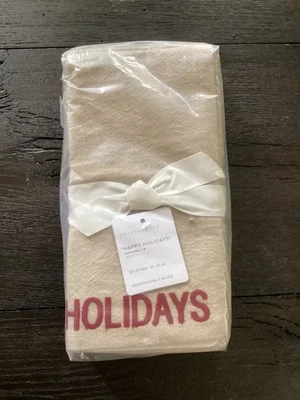 NWT SET OF 4 POTTERY BARN HAPPY HOLIDAYS EMBROIDERED NAPKINS 20"x20 flax neutral - Image 1 of 4