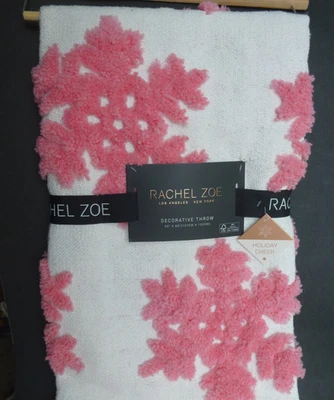 RACHEL ZOE Pink Snowflake THROW Decorative Holiday Blanket Tassels 50"x 60" - Image 1 of 4
