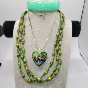 Green Paper Bead Necklace 17", Art glass Heart On Flat Link Chain,green Bangle - Picture 1 of 13