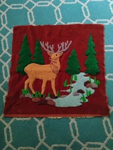 Vtg Crewel Embroidery Punch Wool Deer In Woods Panel 17 X 18 - Picture 1 of 7