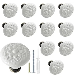 12 Pcs White Ceramic Kitchen Cabinet Knobs and Pulls, Retro,boho French Country - Picture 1 of 5
