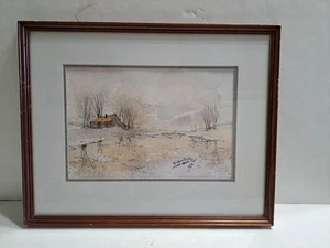 Vintage 1987 Anna Sandhu Ray Framed Painting Of Winter Landscape With Farmhouse - Picture 1 of 11