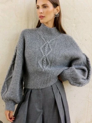 Vero Moda Gray Cable Knit Mock Neck Chunky Sweater Melange Large NWT Quiet Lux - Image 1 of 4