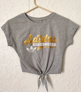 Adidas Sportswear Crop Top with Tie Gray Gold Logo and White Lettering Size SM - Picture 1 of 5