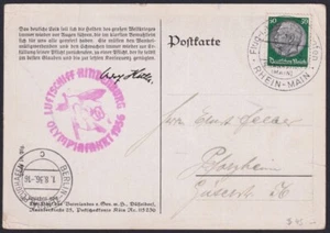 F-EX24313 GERMANY 1936 OLYMPIC ZEPPELIN RHEIN -MAIN WAR ILLUSTRATED POSTCARD.  - Picture 1 of 2