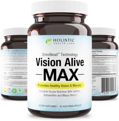 HOLISTIC HEALTH LABS Vision Alive Max with 8 Natural Ingredients Lutemax® 2020, Bilberries, Blueberri