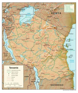 Impresión de póster de mapa fisiográfico de geografía física de Tanzania país nación - Imagen 1 de 2