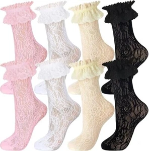 4 Pairs Lace Ruffle Frilly Socks for WomenLace Ankle Socks with BowRuffle Soc... - Picture 1 of 18