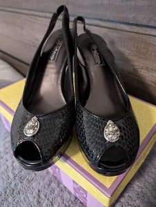 Women's Brighton Welch Black Slingback Peep Toe Heels Shoes Snakeskin Size 9M - Picture 1 of 7