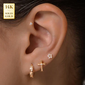 Pendientes de aro cuádruple de diamantes 14K REALES lóbulo de la oreja hélice tragus caracola clicker - Imagen 1 de 6