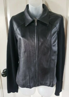 Chaqueta de cuero genuino Caslon para mujer negra tejida de lana suéter mangas medianas  Foto 1 de 4