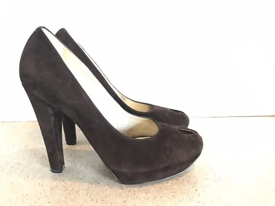 Casadei Suede Platform Pump Peep Toe Olive Brown Heels Linda Womens 7.5 $730 EUC - Image 1 of 4