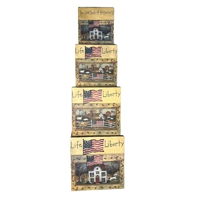 SET OF 4 Bob's Boxes “LIFE LIBERTY Flags SQUARE NESTING BOXES  Lang susan winget - Image 1 of 4