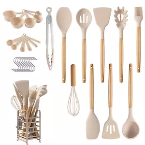 32PCS Silicone Utensils Set BPA Free Heat Resist Kitchen Baking Cookware Wooden - Picture 1 of 28