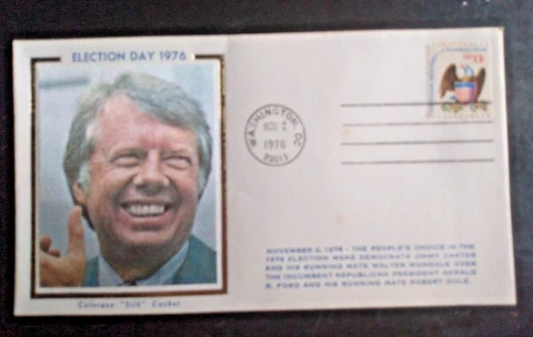 SMILING JIMMY CARTER  1976  ELECTION  DAY VICTORY COLORANO SILK CACHET COVER Cover