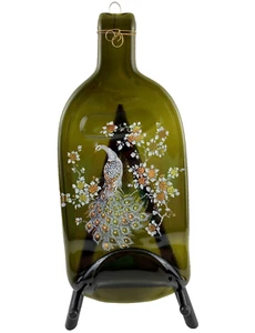 Glass Peacock Wall Hanging Hand Painted on Green Jar Shape 13" x 6" - Picture 1 of 12