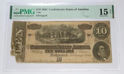 1864 PMG Choice F15 NET | Confederate States - Low Serial Number "6" $10 #41858F - Image 1 of 2