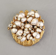 Broche de flores de colección dientes de bebé tono dorado cesta diamantes de imitación barroco perla 1,5