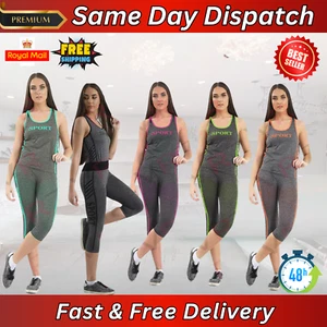 WOMEN 2PC SET SPORT PRINT ACTIVEWEAR 3/4 CAPRI WORKOUT SUIT GYM ACTIVEWEAR TOP - Picture 1 of 25