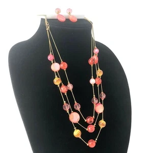 Kohl's Color Necklace & Earrings Set Pink Yellow Acrylic & Shell Beaded Gold-Ton - Picture 1 of 2