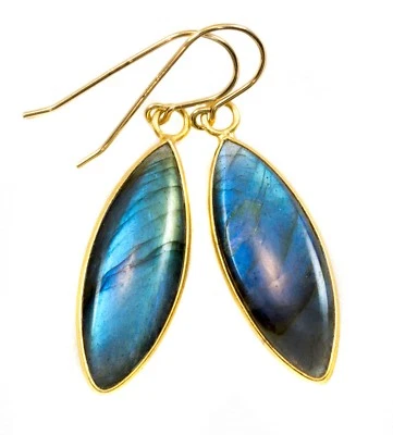 Labradorite Earrings Blue Flash Marquis Long Smooth Bezel Teardrops 1.7 14k Gold - Image 1 of 3