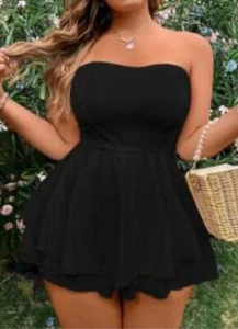 Solid VERY Black Romper Womens Size 0XL Elastic Waist Layered Sexy Stretch - Picture 1 of 5