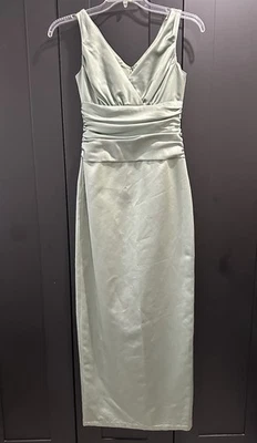 David’s Bridal Green Satin Long Gown Dress Ruched Waist Size 2 - Image 1 of 4