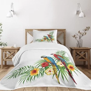 Bird Print Bedspread, Tropical Artwork of 2 Exotic Parrots Palm Leaves and Hi... - Picture 1 of 7