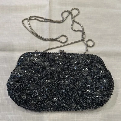 Vintage Bechamel Evening Purse With Satin Lining And Silver Strap Beads Sequins - Image 1 of 4