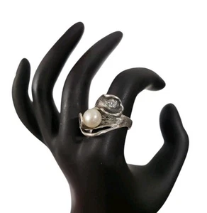 ISRAEL 925 STERLING SILVER Large PEARL & DIAMOND Baroque Brutalist Style Ring 7 - Picture 1 of 11
