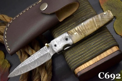 Custom 7.6"OAL Hand Forged Damascus Steel Folding Knife Handmade (C692) - Image 1 of 4