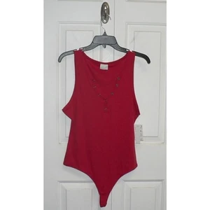 Abound Women's Sleeveless Snap Front Henley Thong Bodysuit in Red Pompeii Large - Picture 1 of 4