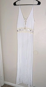 ASOS White Boho Maxi Dress 4 Cowrie Shell Lace Up Beach Cover Up Viscose - Picture 1 of 12