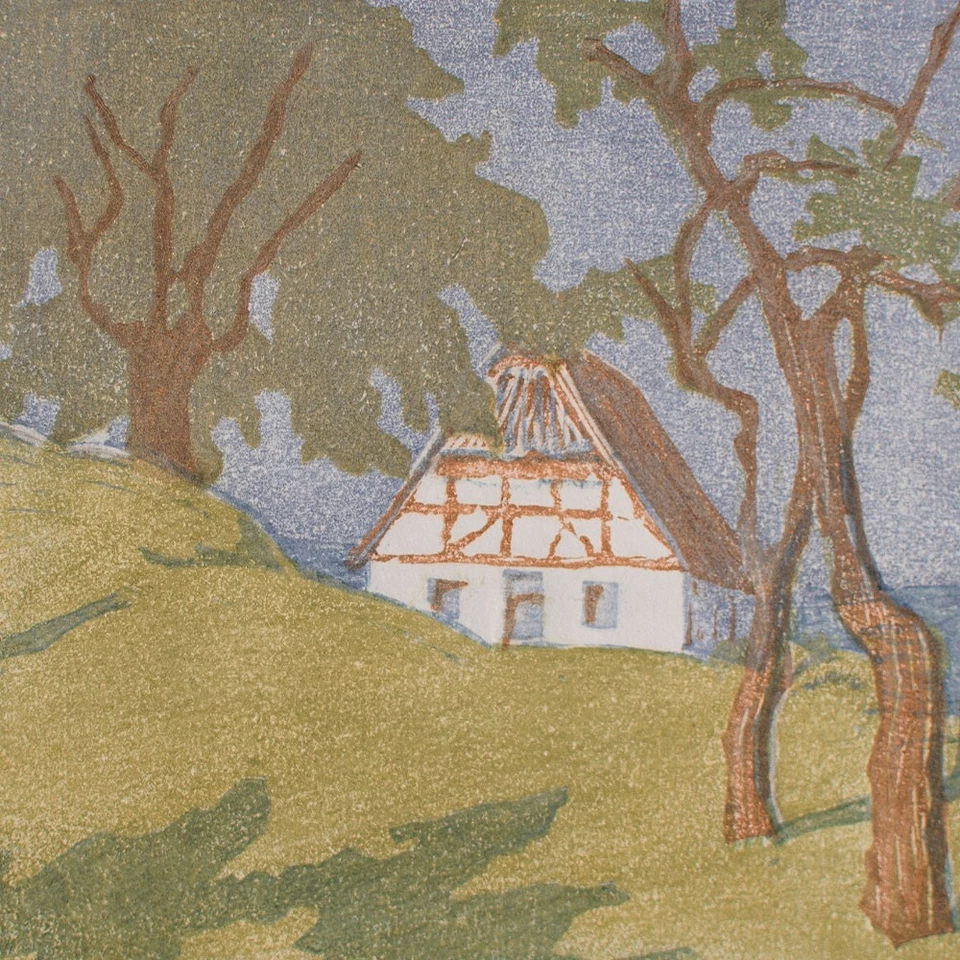 Maragarete Gerhardt Haus auf der Halde signiert Farbholzschnitt frühes 20 Jhd - Bild 1 von 4