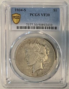 1934-S Silver Peace Dollar, PCGS VF-30, Scarce Date, PCGS Gold Shield - Picture 1 of 2