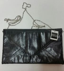 BIJOUX TERNER Black Leather Evening Handbag Clutch Purse Bag Long Silver Chain - Picture 1 of 4
