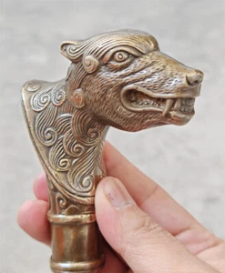 Antiguo Zodiaco Victoriano Bronce Bestia Lobo Perro Cabeza Bastón Mango - Imagen 1 de 9