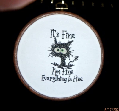 EMBROIDERY, FRIZZED CAT, 6" FRAME INCLUDED. HAND/MACHINE EMBROIDERIED USA ARTIST - Image 1 of 2