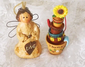 Ceramic "Never Enough Thyme" Flower Pot & Bread Dough Angel Ornaments - 4" Tall - Picture 1 of 7