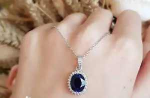 3ct Lab-Created Blue Sapphire Pendant Chain Halo Cluster 14k White Gold Plated - Picture 1 of 4