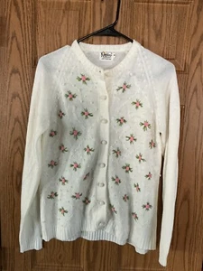 Vintage Kingsley Cardigan Sweater Medium VGUC White Floral Design - Picture 1 of 16