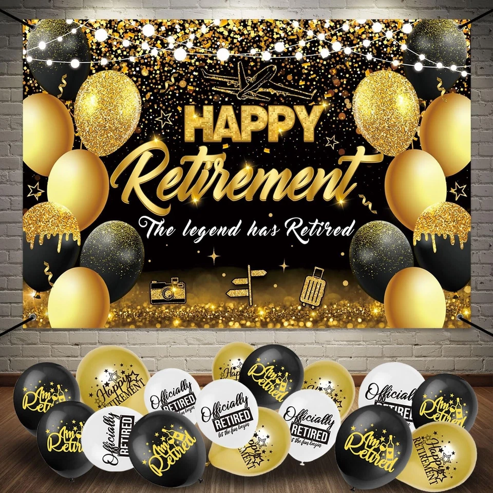 Happy Retirement Banner Black & Gold and 18pcs Balloons -R0180 - Image 1 of 3