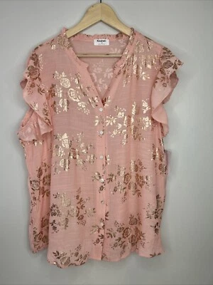 Kindred Women’s 2X Pink Gold Foil Rose Button Up Ruffle Sleeve Top NWT - Image 1 of 4