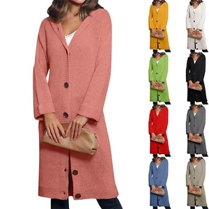 Women's Winter Long Hooded Cardigan Long Sleeve Single Breasted Loose Sweater - Picture 1 of 36