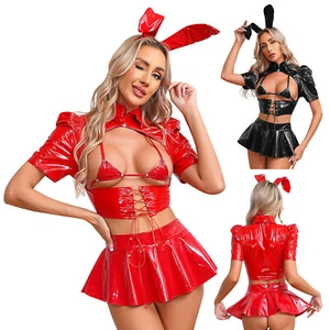 Women Patent Leather Bunny Girl Costume Bra Ruffle Skirt Bunny Ear Nightclub - Picture 1 of 21