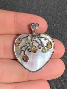 Silver Cabochon Multi Gem Mother Of Pearl Heart Pendant, 9.3 Grams 925 ￼
