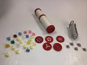 Vtg Baking Lot Cookie Press W/6 Tips, Tin Icing Pump W/6 Tips & 22 Candle Holder - Picture 1 of 12