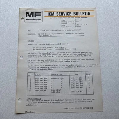 1978 Massey Ferguson MF 300 Crawler Loader/Dozer ICM Service Bulletin - Image 1 of 4