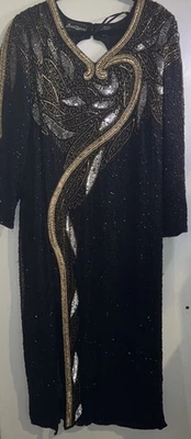 复古 80 年代珠宝皇后加大尺寸 20/22 黑金串珠丝绸晚礼服 Glam — 第 1/4 张图片